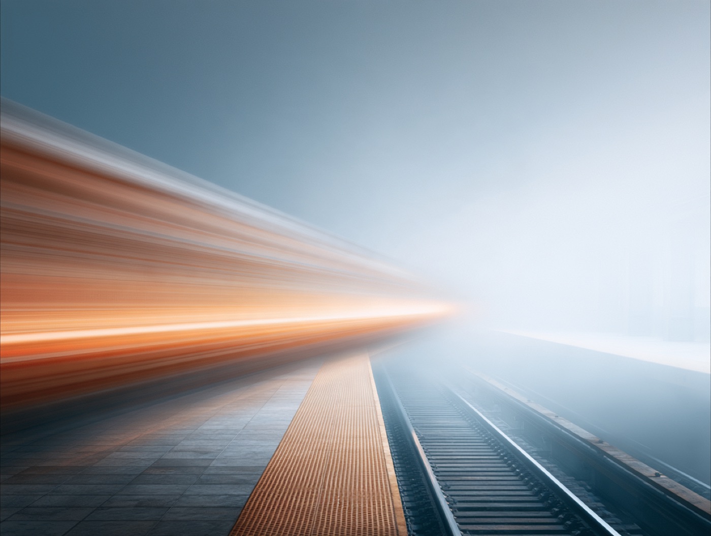 A train passing through fog on a platform, in a trail of warm light